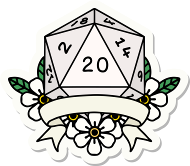 Bir insan tarafından çizilmiş 20 kritik vuruşluk D20 zar etiketi.