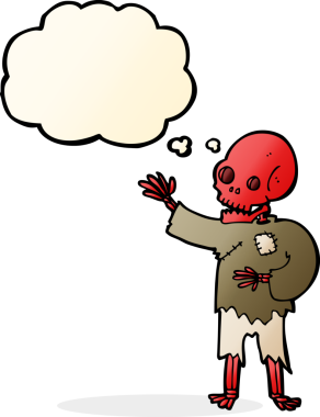 Bir insan tarafından çizilmiş düşünce baloncuğuyla sallanan karikatür iskeleti.