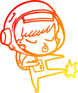 Bir insan tarafından çizilmiş karikatür çizimi. Güzel astronot kız karate tekmesi.