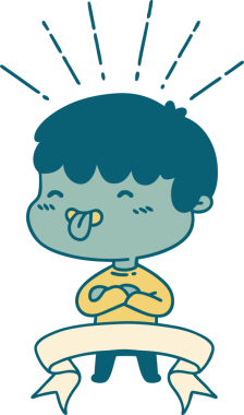 Dövmeli çocuk bir insan tarafından çizilmiş dili dışarı çıkarıyor.