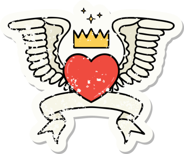 Bir insan tarafından çizilmiş kanatlı bir kalbin bayrağını taşıyan eski bir etiket.