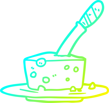 Bir insan tarafından çizilen peynir kalıbındaki bıçağın soğuk eğimli çizgisi.