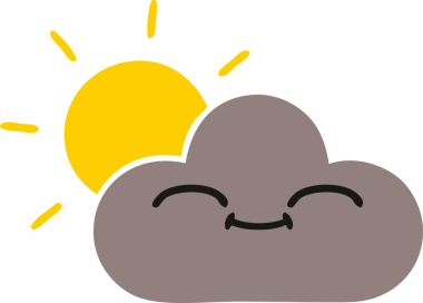 Bir fırtına bulutu ve bir insan tarafından çizilen güneşin düz renkli retro karikatürü