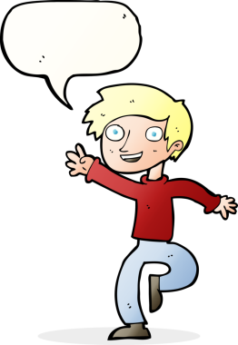 Bir insan tarafından çizilmiş konuşma balonuyla dans eden heyecanlı çocuk.