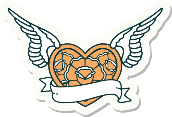 Geleneksel bir dövme stili. Uçan kalp. Çiçekler ve bir insan tarafından çizilmiş bayrak.