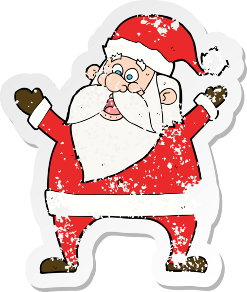 Bir insan tarafından çizilmiş neşeli bir Noel Baba karikatürünün gerilimli retro yapıştırması.