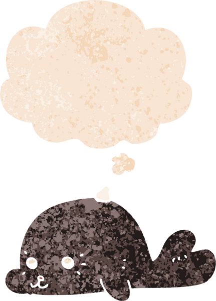 Düşünce baloncuklu karikatür bebek fok bir insan tarafından çizilmiş dertli retro desenli