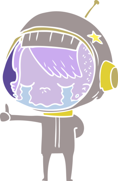 Düz renkli çizgi film ağlayan astronot kız bir insan tarafından çizilmiş baş parmak işareti yapıyor.