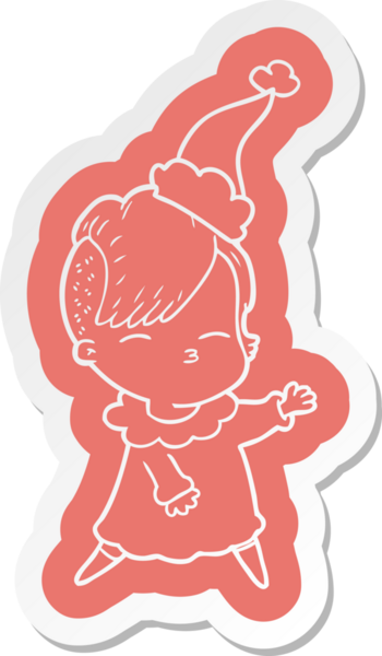 Bir insan tarafından çizilmiş Noel Baba şapkası giyen şaşı bir kızın garip çizgi film etiketi.