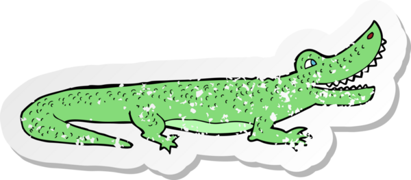 Bir insan tarafından çizilmiş mutlu timsah çizgi filminin kederli retro yapıştırması.