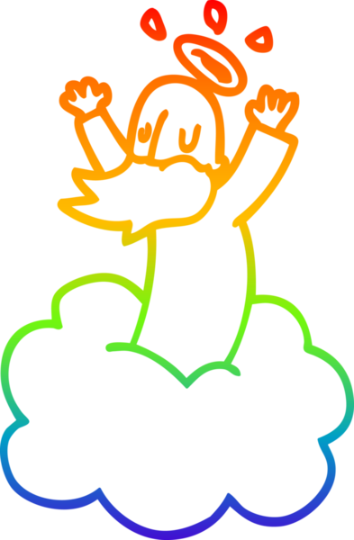 Gökkuşağı gradyan çizgi çizimi bir insan tarafından bulutların üzerine çizilmiş bir tanrı çizgi filmi.