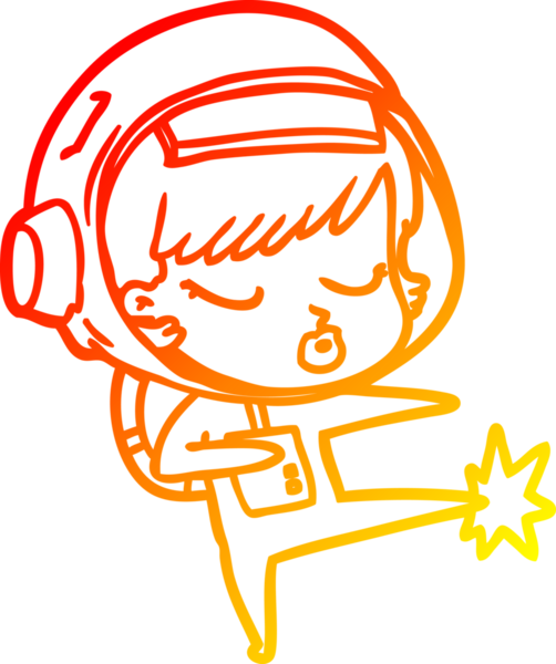 Bir insan tarafından çizilmiş karikatür çizimi. Güzel astronot kız karate tekmesi.