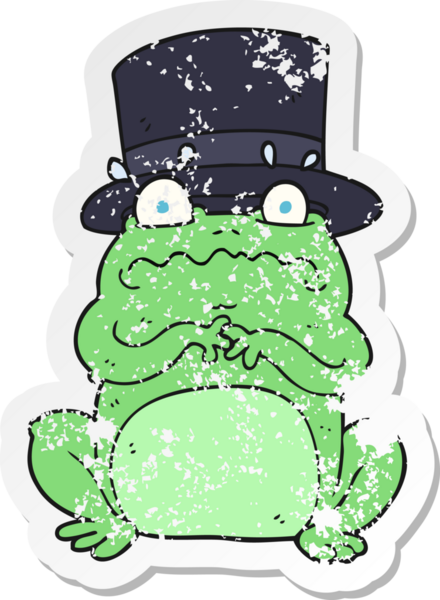 Bir insan tarafından çizilmiş zengin bir kara kurbağasının retro sıkıntılı çıkartması.
