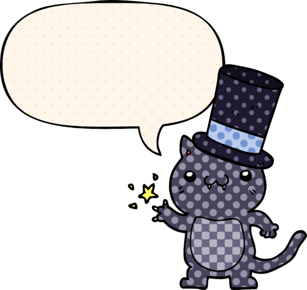 Bir insan tarafından çizilmiş çizgi roman tarzında konuşma balonu olan silindir şapkalı bir kedi.