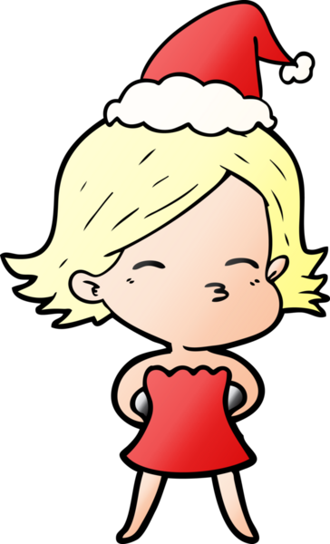 Bir insan tarafından çizilmiş Noel Baba şapkası giymiş bir kadının el çizimi karikatürü.