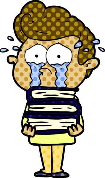 Bir insan tarafından çizilmiş kitap yığınıyla ağlayan bir karikatür öğrencisi