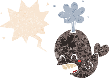 Bir insan tarafından çizilmiş grunge sıkıntılı retro stili balina konuşma balinası püskürten çizgi film