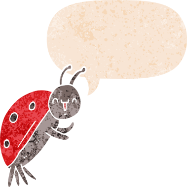 Bir insan tarafından çizilmiş grunge sıkıntılı retro tarzı konuşma balonu ile sevimli uğur böceği çizgi filmi