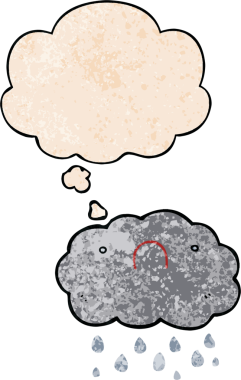 Bir insan tarafından çizilmiş grunge doku tarzında düşünce baloncuğu olan sevimli çizgi film bulutu.