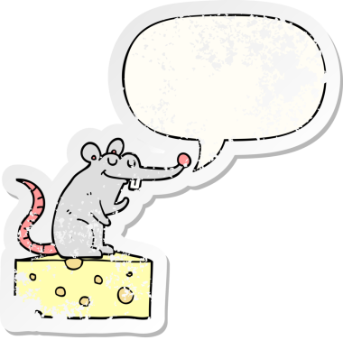 Peynirin üzerinde oturan çizgi film faresi, bir insan tarafından çizilmiş kederli eski bir çıkartma.