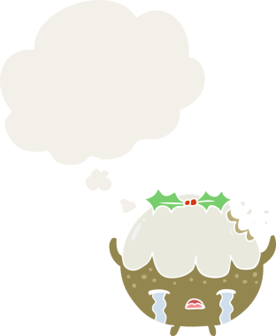 Düşünce baloncuğu olan bir insan tarafından çizilmiş noel pudingi.