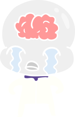 Düz renkli çizgi film. Bir insan tarafından çizilmiş büyük beyinli uzaylı ağlaması.