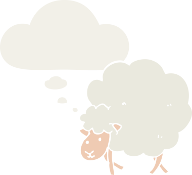 Düşünce baloncuğu olan bir koyun insan tarafından çizilmiş.