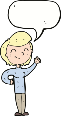 Bir insan tarafından çizilmiş konuşma balonlu, çizgi film dostu el sallayan kadın.