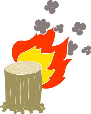 Bir insan tarafından ateş üzerine çizilmiş ağaç kütüğünün düz renk çizimi