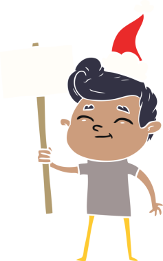 Bir insan tarafından çizilmiş Noel Baba şapkası takan bir adamın mutlu el çizimi düz renk çizimi.