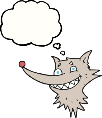 Bir insan tarafından çizilmiş serbest çizilmiş düşünce kabarcığı çizgi filmi sırıtan kurt yüzü.