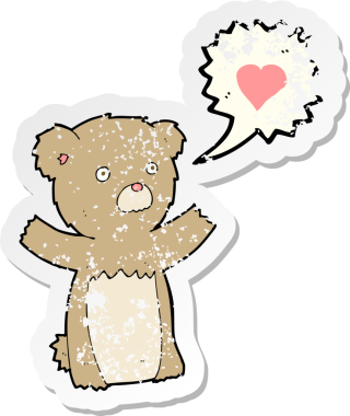 Bir insan tarafından çizilmiş, sevgi dolu bir kalbi olan oyuncak ayının eski kederli çıkartması.