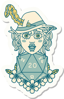 Bir insan tarafından çizilmiş 20 zarlı elf şair karakterinin çıkartması.