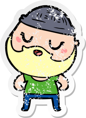 Bir insan tarafından çizilmiş sakallı, sevimli bir çizgi film karakterinin sıkıntılı çıkartması.