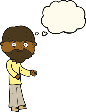 Bir insan tarafından çizilmiş düşünce baloncuğu olan mutlu sakallı adam.