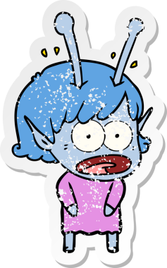 Bir insan tarafından çizilmiş uzaylı bir kızın karikatür çıkartması.