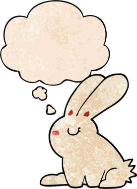 Bir insan tarafından çizilmiş grunge desenli düşünce baloncuklu çizgi film tavşanı.