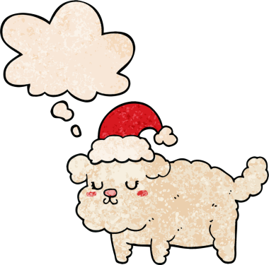 Bir insan tarafından çizilmiş grunge desenli düşünce baloncuğu olan şirin bir Noel köpeği.