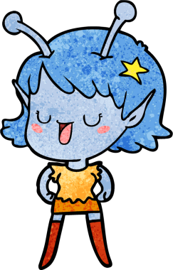 Bir insan tarafından çizilmiş mutlu uzaylı kız çizgi filmi.