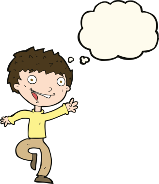 Bir insan tarafından çizilmiş düşünce baloncuğu olan heyecanlı çocuk.