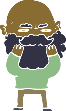 Düz renkli çizgi film karakteri sakallı adam bir insan tarafından çizilmiş sakalını kontrol ediyor.