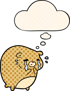 Bir insan tarafından çizilmiş çizgi roman tarzı düşünce baloncuğu olan ağlayan bir ayı.