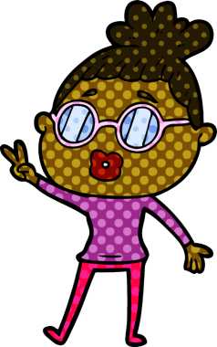 Bir insan tarafından çizilmiş barış işareti yapan çizgi film kadını.