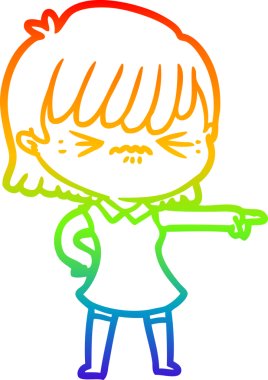 Gökkuşağı gradyan çizimi. Sinirli bir çizgi film kızı bir insan tarafından suçlanıyor.