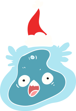 Bir insan tarafından çizilmiş Noel Baba şapkası takan bir bakterinin düz renk çizimi.