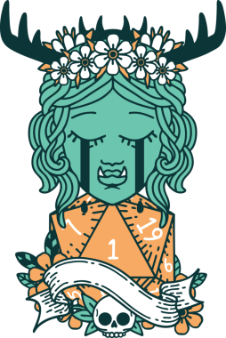 Retro Dövme Tarzı Ağlayan Ork Druid karakteri yüzü ve bir insan tarafından çizilmiş doğal bir D20 rulosu