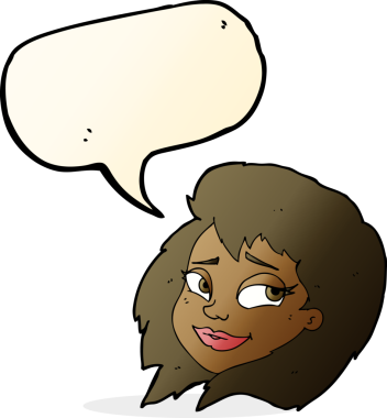 Bir insan tarafından çizilmiş konuşma balonlu mutlu kadın yüzü.