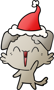 Bir insan tarafından çizilmiş küçük mutlu köpek eli çizilmiş Noel Baba şapkası.