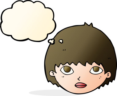 Bir insan tarafından çizilmiş düşünce balonuyla bakan çizgi film kızı.