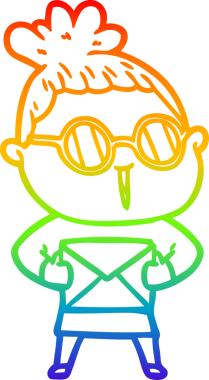 Bir insan tarafından çizilmiş gözlük takan bir karikatür kadının çizimi.